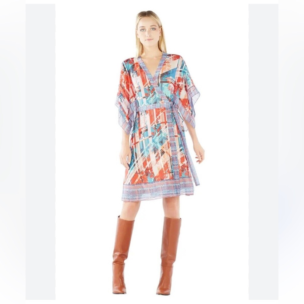 BCBGMAXAZARIA  Kristie Silk Wrap Dress Lined Kimono style Red Pink Blue XS